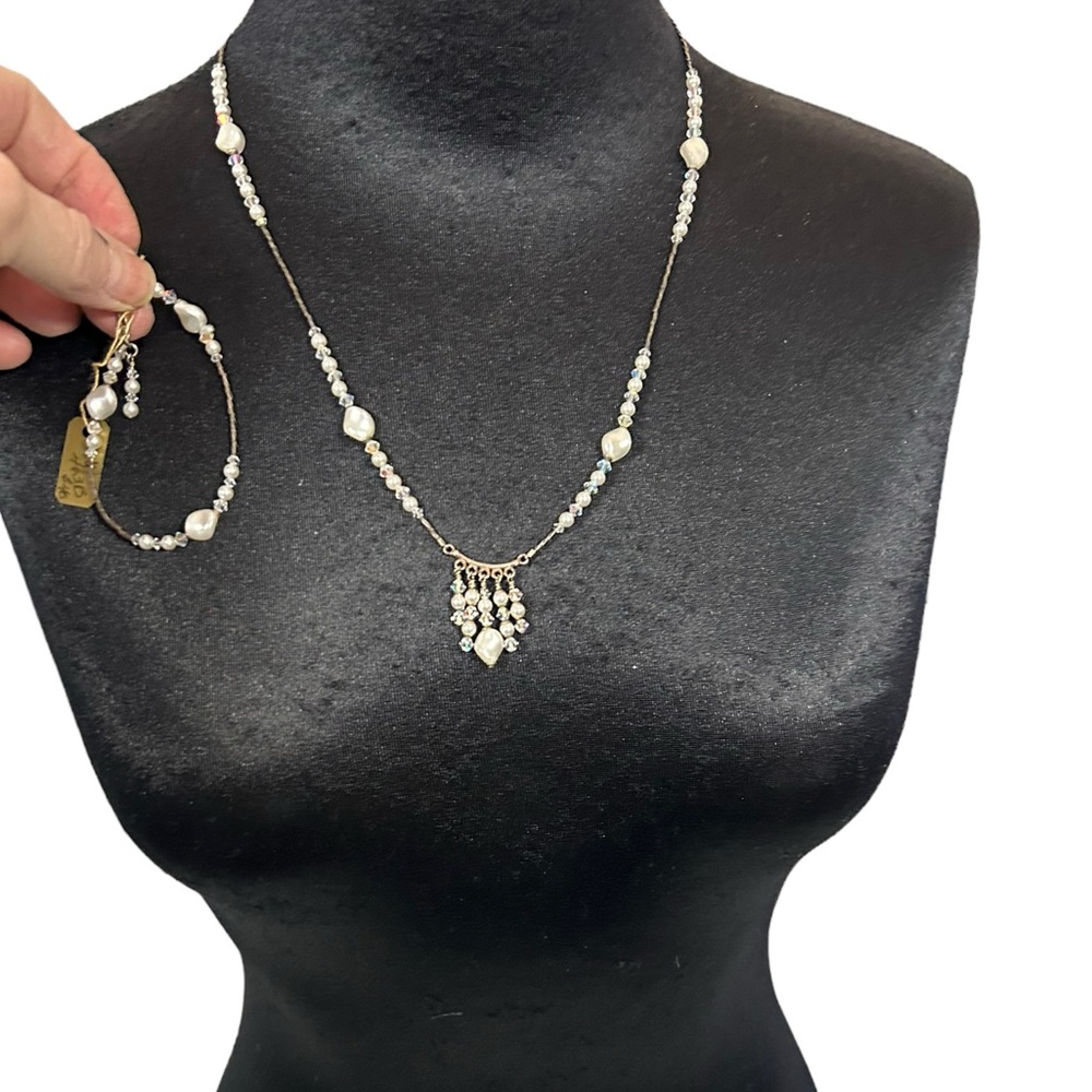 Crystal And Pearl Wired Necklace And Bracelet Set Brass Tone NWT sterling clasps